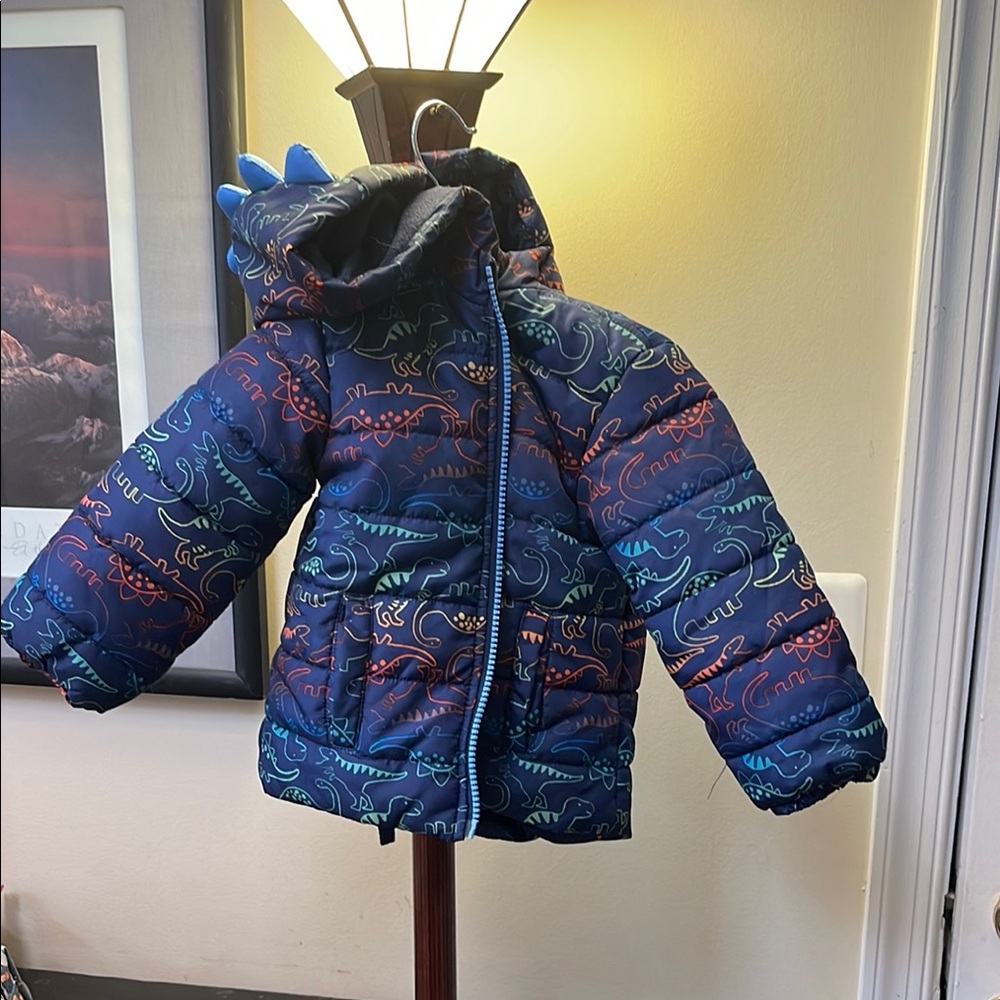 Little Me Kids Dinosaur Puffer Jacket - Blue and Multicolor